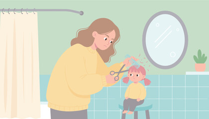 Mother giving her child a homemade haircut in the bathroom Parenting family home life