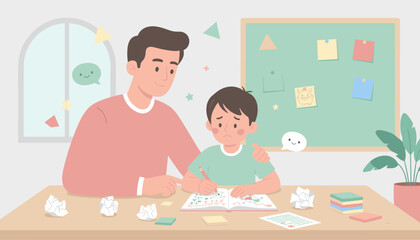 Father helps frustrated son with homework Learning challenges family support education concept