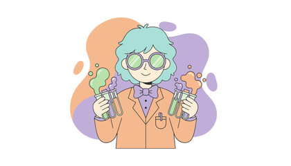 Cartoon scientist with bubbling test tubes Represents scientific discovery education and chemistry