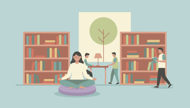 Mindful woman meditating in a quiet library promoting calm focus and wellness in a learning environment