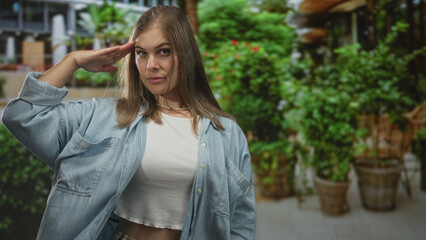 Blonde woman salutes with hand to forehead in front of potted plants on street outside building; respect honor tradition reverence.
