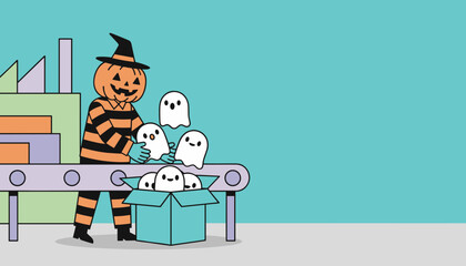 Pumpkin character operating a conveyor belt packaging cute ghosts for Halloween festivities