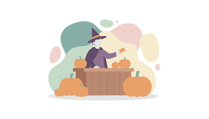 Witch at pumpkin stand offering treats Festive Halloween and autumn celebration