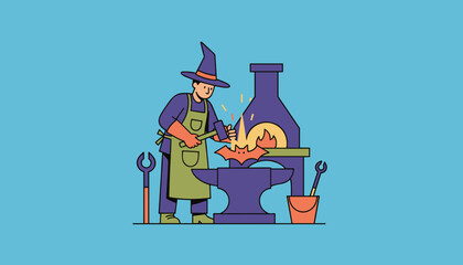 Blacksmith witch forging a bat decoration with a hammer and anvil for Halloween