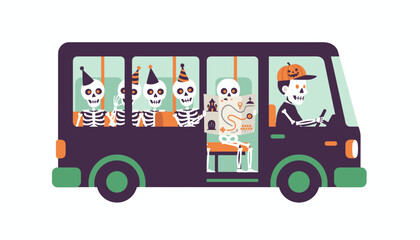 Spooky skeletons on a Halloween bus trip with a map ready for adventure