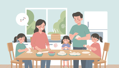 Happy family parents three children making traditional dumplings together in a home kitchen