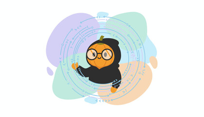 Friendly pumpkin character in hoodie and glasses with abstract code symbols ideal for tech concepts
