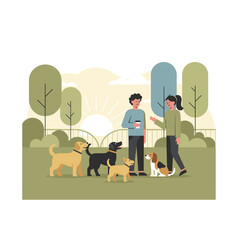 Couple socializing with their happy dogs in a sunny park Pet care daily life relaxation friendship