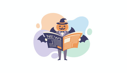 Halloween pumpkin character in a suit reading news perfect for seasonal business updates