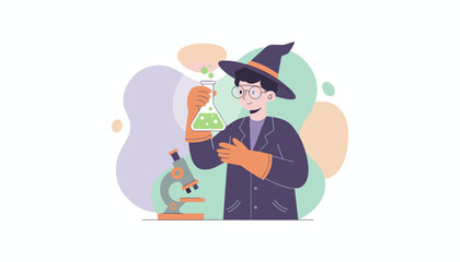 Curious scientist in a witch hat and lab coat holds a bubbling flask exploring science