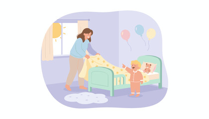 Caring mother makes bed for happy toddler in sunny bedroom depicting family life