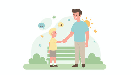 Happy man and boy shaking hands in a park symbolizing agreement trust and friendship