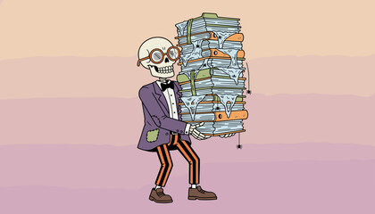Skeleton in suit carries towering stack of decaying old files concept of overload or bureaucracy