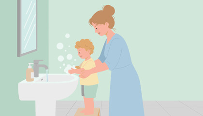 Mother teaching son proper hand washing in bathroom Family hygiene child care health habits