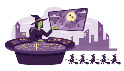 Witch operates magical air traffic control guiding flying witches over city for Halloween night