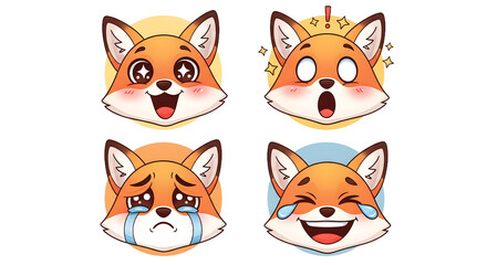 Obraz premium Cute fox mascot icon set featuring various expressive face emojis like happy, surprised, crying, and laughing, ideal for apps, logos, stickers, and digital designs