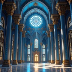 Magnificent arched interior decorated with a blue dome and golden pillars sunlight streaming through stained glass windows
