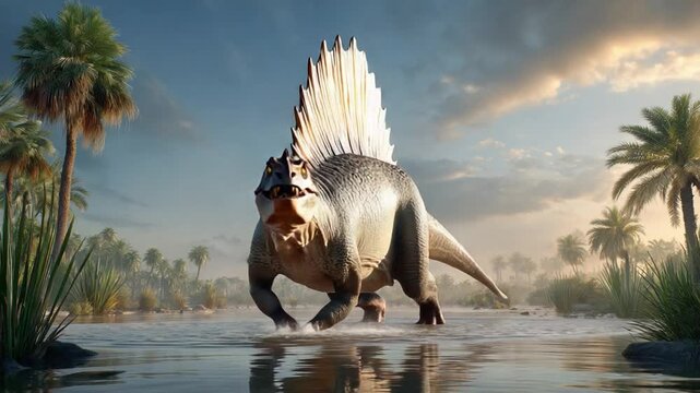 Dimetrodon in the Pristine Wilderness: A majestic Dimetrodon, a primeval creature of the prehistoric world, strides gracefully through a tranquil river, framed by lush palms and an endless sky. 