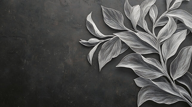 Elegant monochrome botanical leaves on textured dark background offering a serene, natural aesthetic