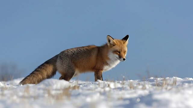 A beautiful wild canid stands gracefully and alertly in a pristine winter landscape, its vibrant reddish-brown and white fur contrasting vividly with the fresh, soft white snow. With piercing, observa