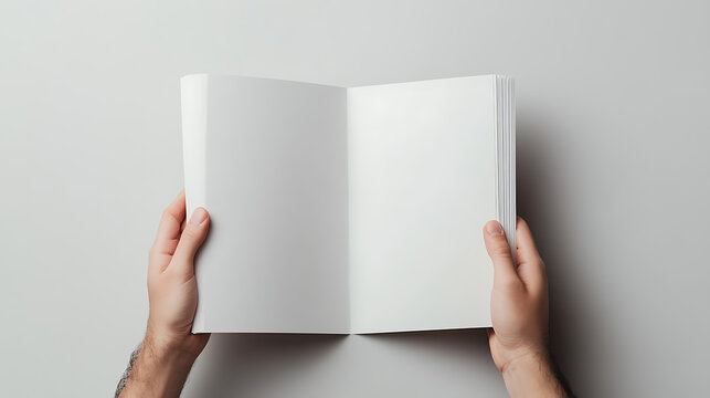 Hands holding an open blank book against a plain background, ideal for creative content visualization. Add your design to the empty canvas.