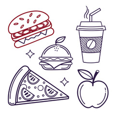 A delightful collection of hand drawn fast food icons including a slice of pizza two burgers a drink cup and a fresh apple all on a white background