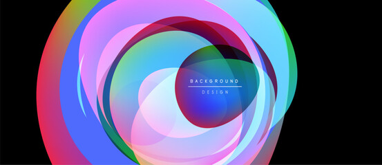 Abstract colorful layers create dynamic circular design. Vibrant hues blend, forming modern background element. Smooth gradients suggest movement, depth.