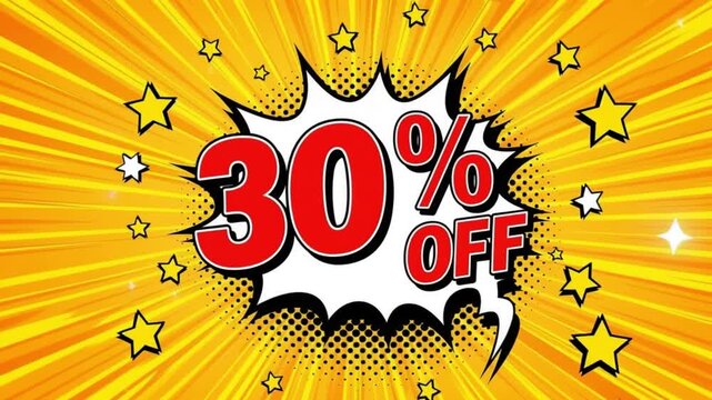 Thirty Percent Off Sale Burst Comic Style Yellow Rays Starburst Explosion Graphic Animation Thirty Off Discount Promotion