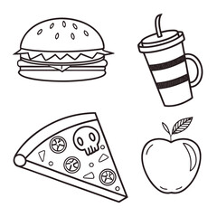 A whimsical collection of doodle style food icons including a burger a soda cup a slice of pizza with a skull topping and a fresh apple