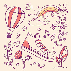 A whimsical collection of hand drawn doodles featuring a hot air balloon a sneaker a rainbow clouds musical notes flowers leaves stars and lightning bolts on a light cream background