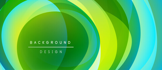 Abstract layers create vibrant green, yellow, blue gradients. Text reads background design centered within circular forms. Modern aesthetic.