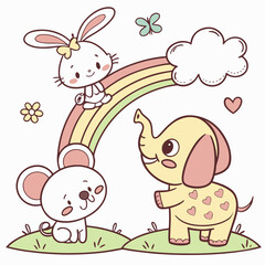 Adorable cartoon baby elephant bunny and mouse friends playing together under a pastel rainbow and fluffy cloud on a sunny day
