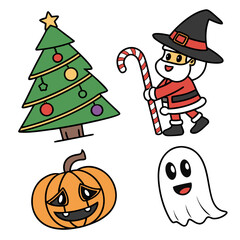 Cute cartoon illustrations of a christmas tree santa claus dressed as a witch holding a candy cane a sad jack o lantern and a happy ghost on a white background