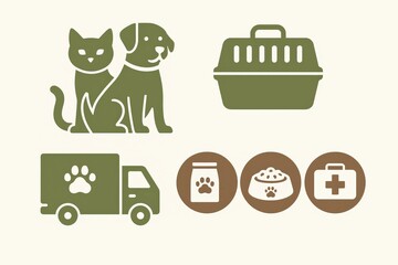Graphic illustration featuring a dog and cat in a playful pose alongside essential pet care symbols such as food, medical supplies, and transportation emphasizing responsible pet ownership and