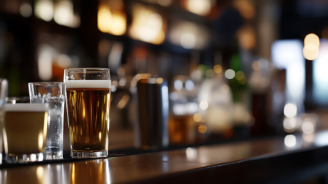Glasses of beer sit on a wooden bar top with blurred background and bright ambient lights. Beer pints in a relaxing social environment.
