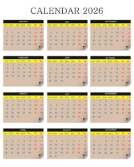 Calendar 2026  12 months yearly vector calendar in year 2026 calendar template planner calendar