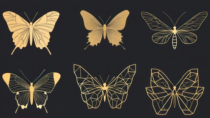 Abstract gold butterflies on dark background. Stock photo