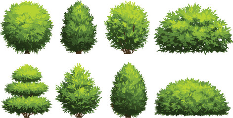 Eight cartoon-style green shrubs and bushes in various shapes, ideal for garden design, landscaping illustrations, game assets, and nature-themed digital projects