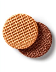 Two round, layered cookies, light and dark brown, waffle texture