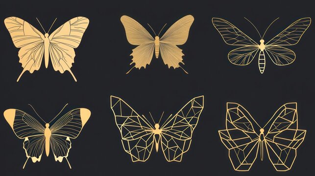 Abstract gold butterflies on dark background. Stock photo
