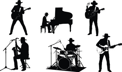 Country music band silhouettes, cowboy hat musicians, guitar player, drummer, pianist, saxophonist, western concert, live performance, folk music, stage entertainment illustration