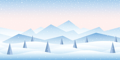 Minimalistic winter landscape, snowy peaks and snowdrifts and snowfall, cartoon nature, vector illustration