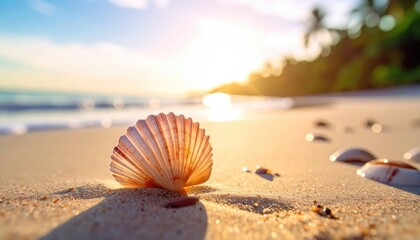 Close up of Seashell on Sandy Beach During Golden Hour Sunset with Gentle Waves and Palm Trees in Background
