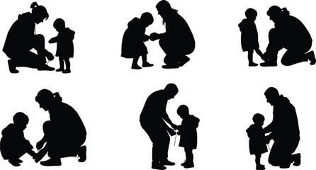 Parent helping child, family care silhouette, adult tying shoes, nurturing relationship, parenting support, childhood moment, love, guidance, trust, connection