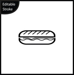 A simple line icon of a sub sandwich or baguette, showing the bread and filling, centered on a white background. This clean, editable stroke symbol represents lunch, fast food, catering or hunger.
