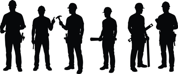 construction worker silhouette, builder tools, hard hat safety, industrial labor, teamwork crew, engineering jobsite, skilled trades, construction industry, workforce strength, occupational safety