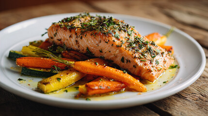 Herb-crusted salmon fillet with roasted carrots and zucchini