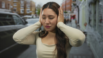 Young hispanic woman covers ears with hands amid honking traffic on a busy city street; stress...