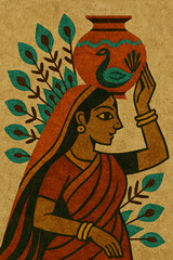 Indian woman carrying water pot on head with peacock motifs