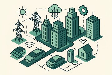 Fototapeta premium Emerging smart city concept showcasing innovative urban infrastructure with electric vehicles, renewable energy integration, and connectivity illustrated through dynamic style and sustainability